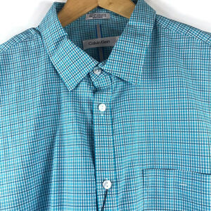 CALVIN KLEIN Transitional Mens LS Aqua Plaid 100% Cotton Shirt Sz Large $79.50